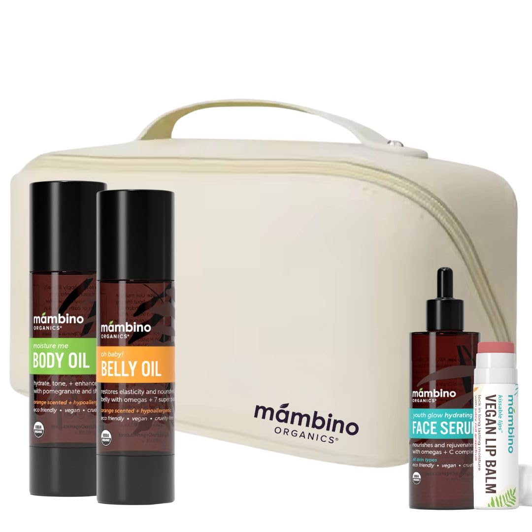 Mambino Organics Bun in the Oven Kit – Pregnancy Skin Care Set with Body Oil, Belly Oil, Lip Balm & Face Serum – Maternity Essentials, Pregnancy Must-Haves – 5 Piece Set + Free Bag