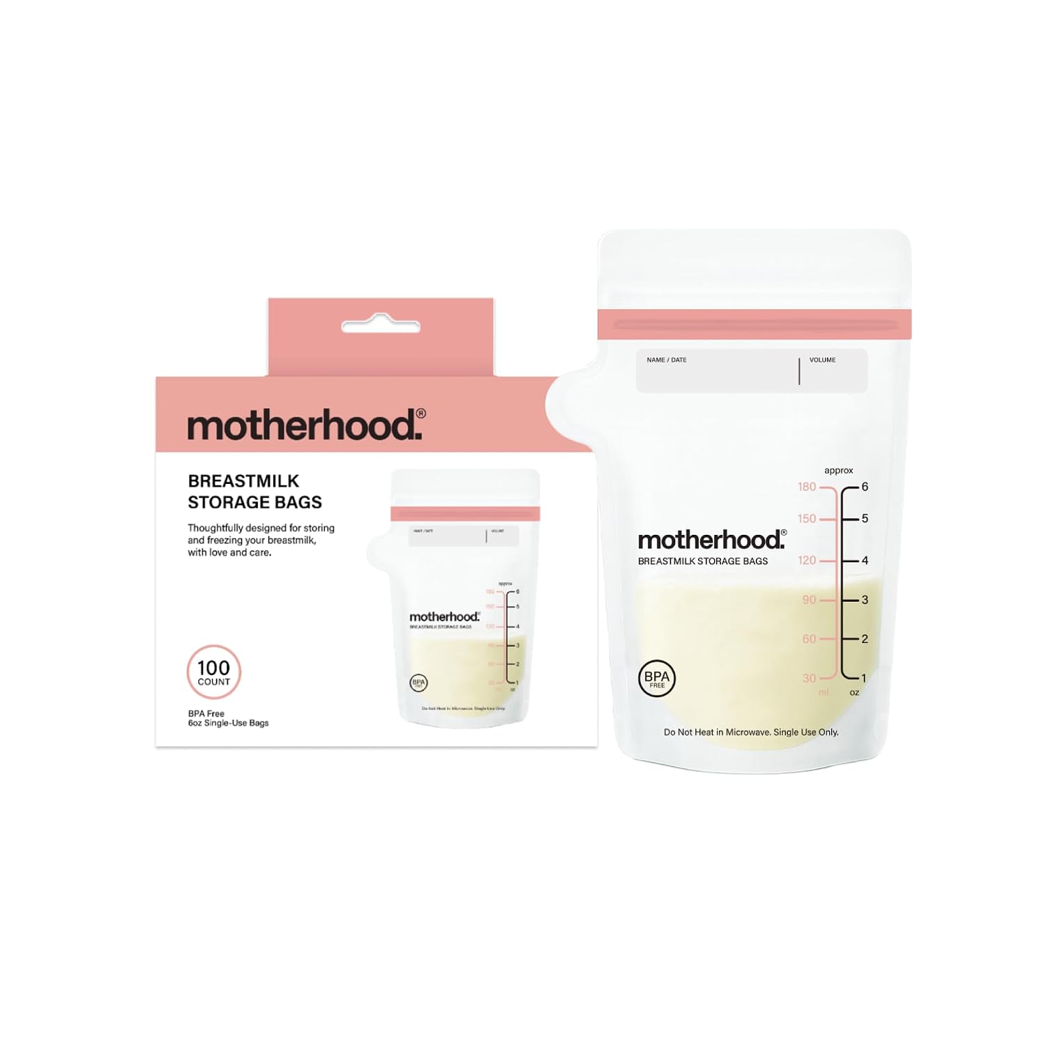 Motherhood Collection Breastmilk Storage Bags, 6 oz, 100 Count – Leak Proof Breast Milk Freezer Storage Bags, Pre-Sterilized & BPA Free, Self-Standing & Flat Lay