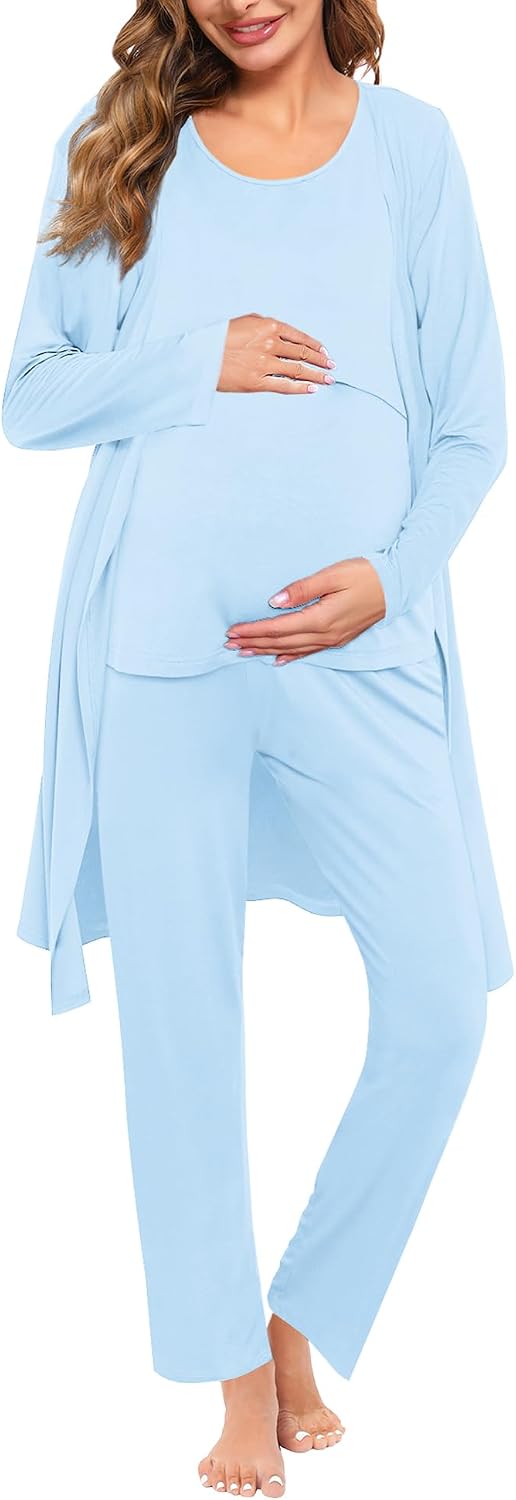SWOMOG Maternity Nursing Robe Set 3 PCS Women Postpartum Pajamas Breastfeeding Labor Delivery Hospital Pregnancy Pjs