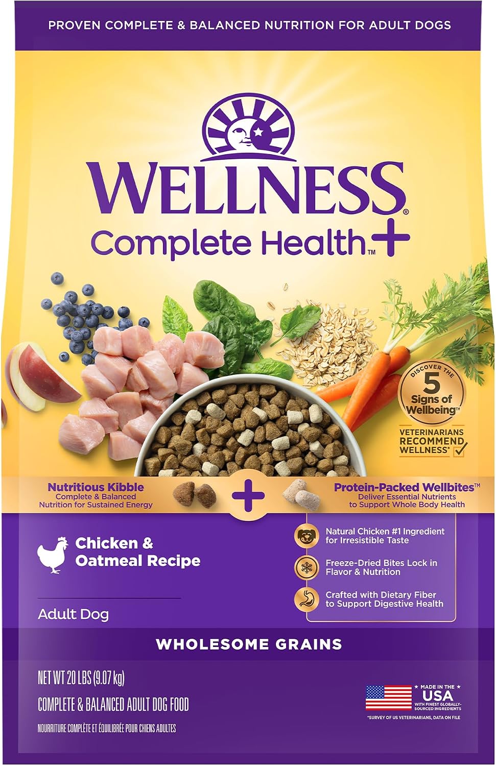 Wellness Complete Health+ Adult Dry Dog Food with Freeze Dried Wellbites, Wholesome Grain Kibble+, Natural, Chicken and Oatmeal Recipe, 20 lb Bag