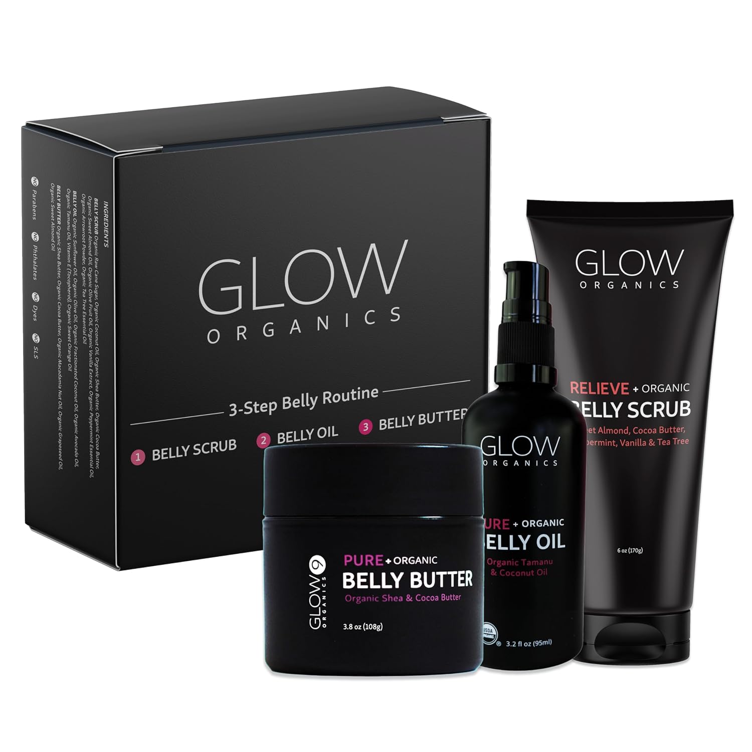 Glow Organics Stretch Mark Cream Belly Butter, Scrub and Oil, 3-Step Pregnancy Skin Care Kit, Belly Butter for Stretch Marks, Organic, Pregnancy & Baby Registry Must Haves, Mother To Be Gift.