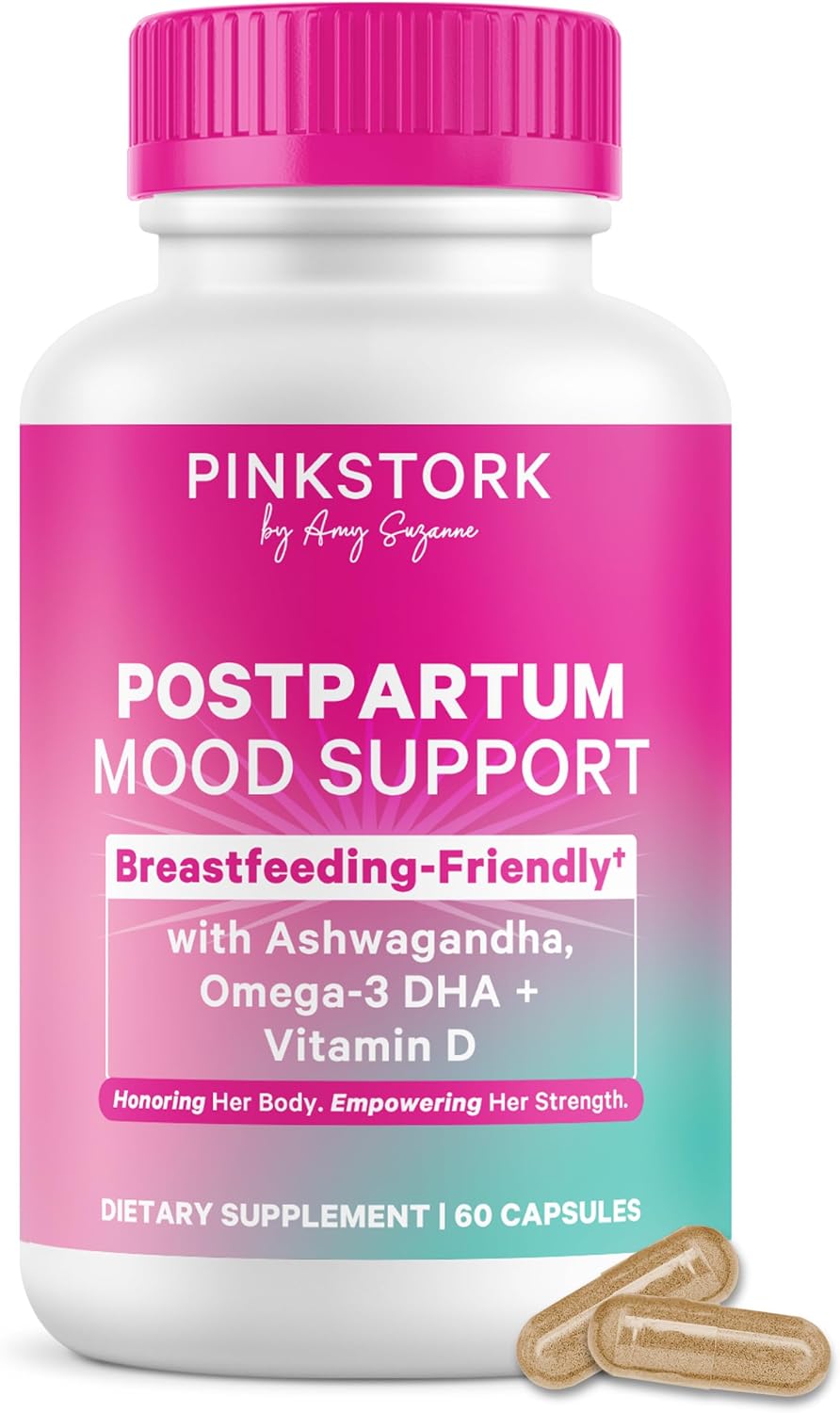 Pink Stork Postpartum Mood Support – Postnatal Supplement for Women – Breastfeeding Friendly – Ashwagandha, Saffron, DHA, Methylated B12 – Stress & Cognitive Support – 30-Day Supply