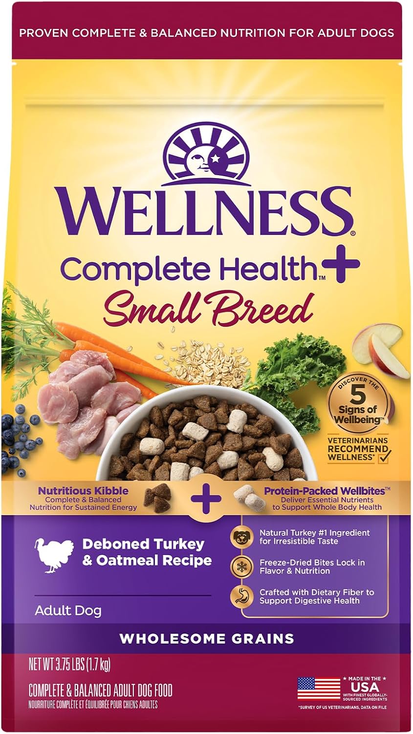 Wellness Complete Health+ Small Breed Adult Dry Dog Food with Freeze Dried Wellbites, Wholesome Grain Kibble+, Natural, Turkey and Oatmeal Recipe, 3.75 lb Bag
