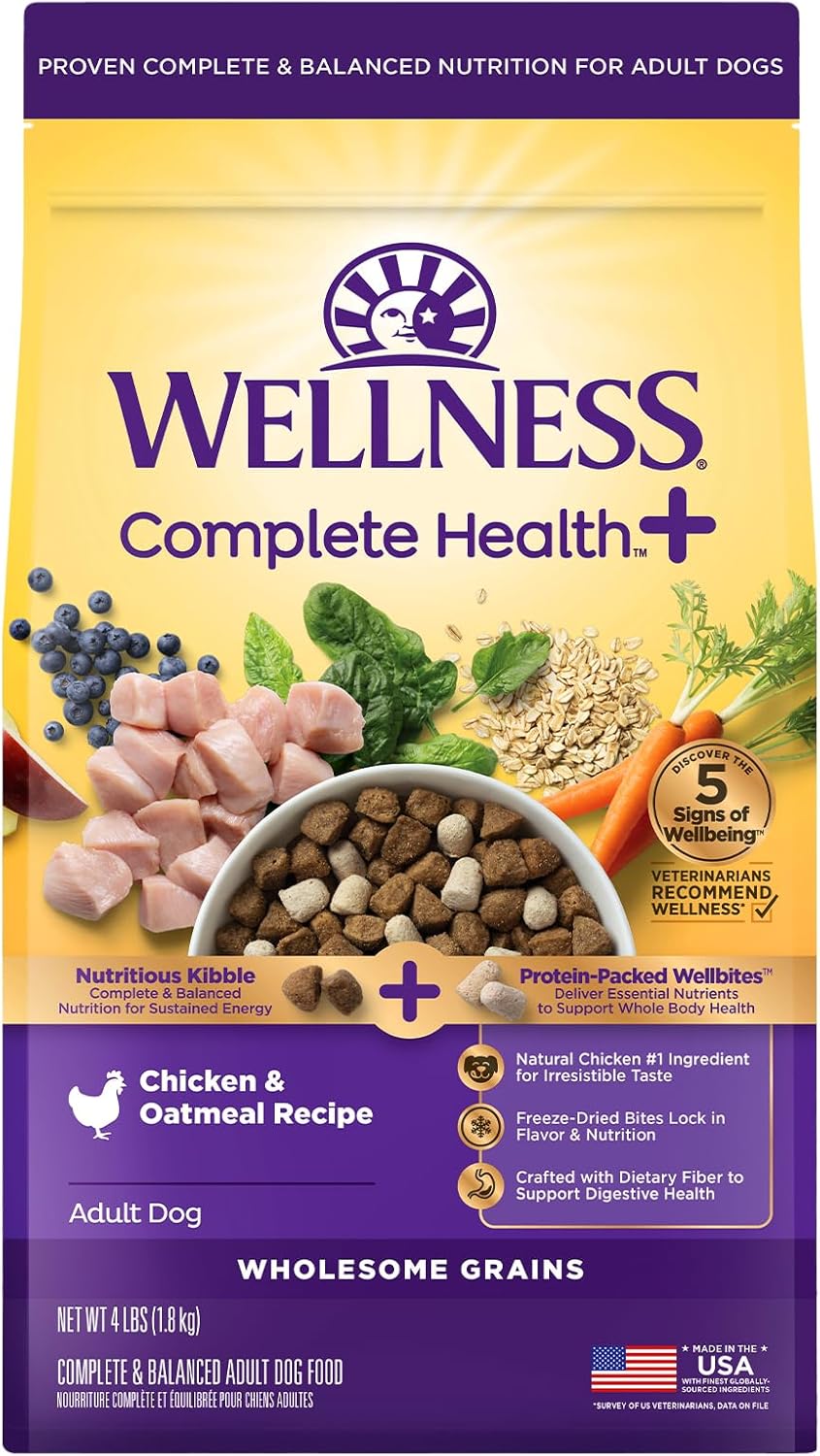 Wellness Complete Health+ Adult Dry Dog Food with Freeze Dried Wellbites, Wholesome Grain Kibble+, Natural, Chicken and Oatmeal Recipe, 4 lb Bag