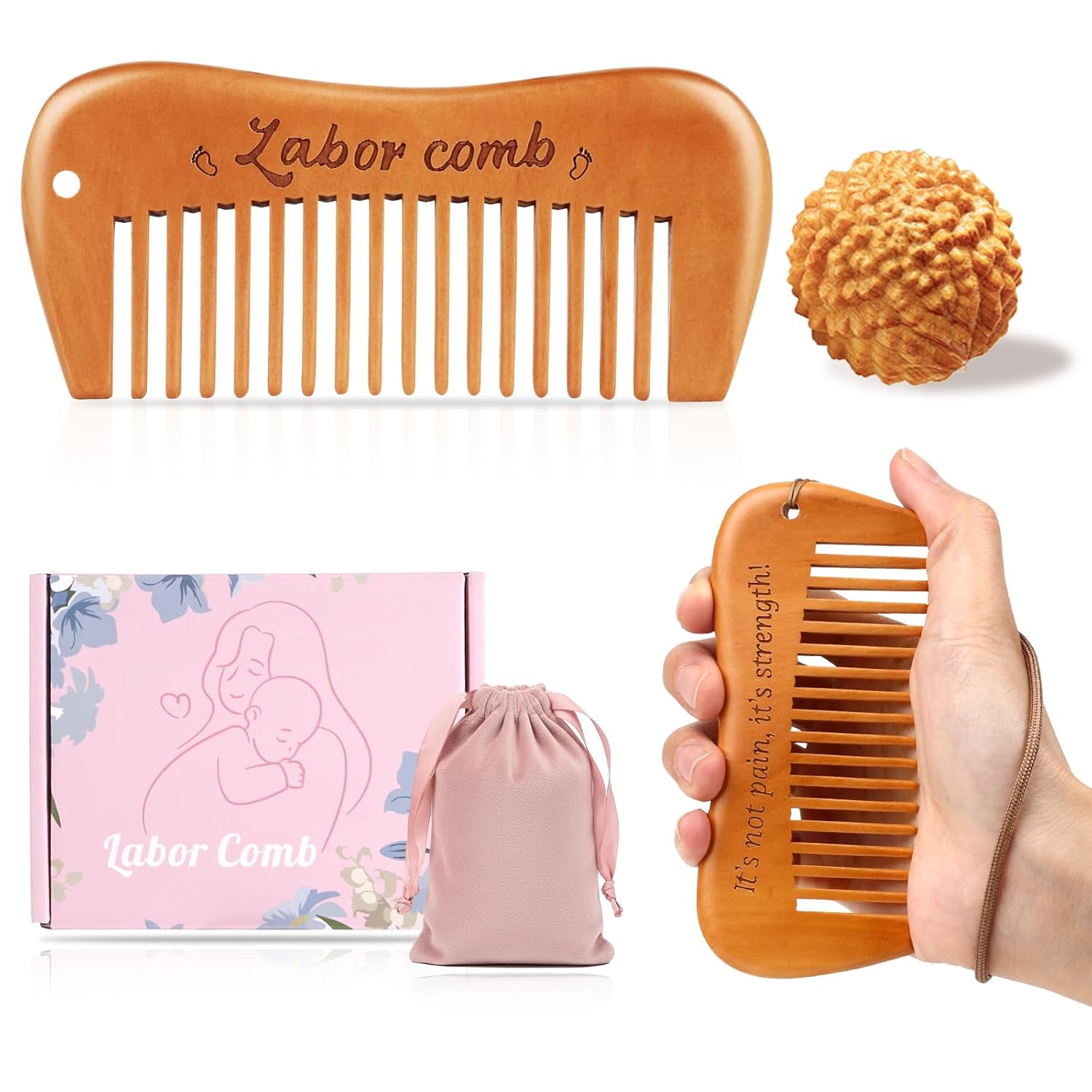 Birthing Comb & Acupressure Massage Ball Set for Labor Pain, Wooden Labor Comb for Women Labor and Delivery Essentials, Pregnancy Hospital Bag Must Haves for Pregnant Women, New Mom Gifts