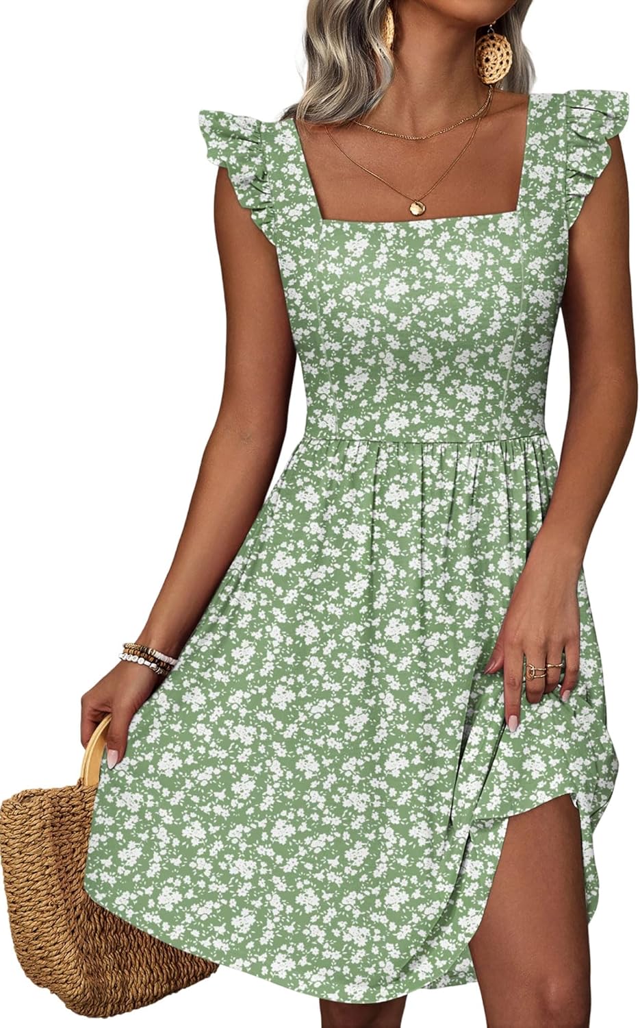 Loemes Summer Casual Cute Floral Flowy Square Neck Sundressses with Pocket Beach Dress for Women