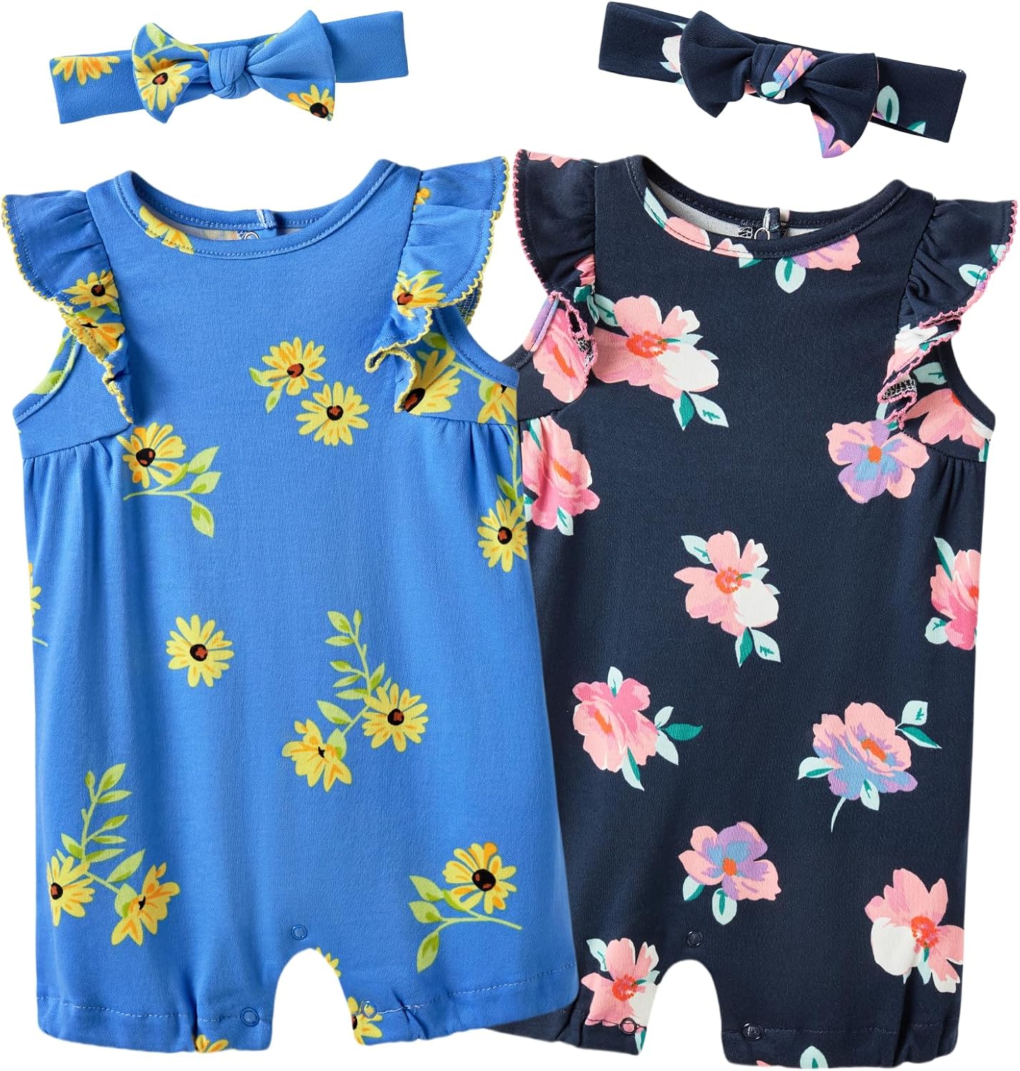 Baby Girls Ruffled Sleeve Rompers Toddler Girls Jumpsuits One-Piece Cotton Outfits