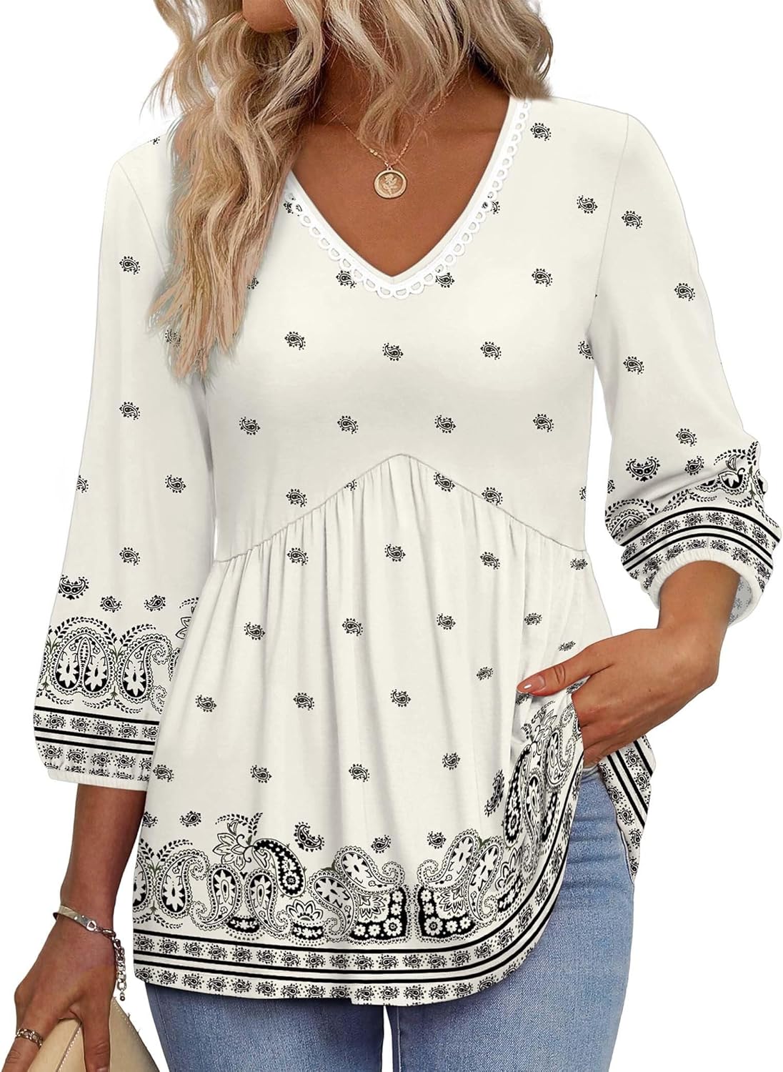 OFEEFAN 3/4 Length Sleeve Womens Tops 2025 Blouses for Women Dressy Casual Fashion Clothing V Neck Babydoll Tops Fall Outfits