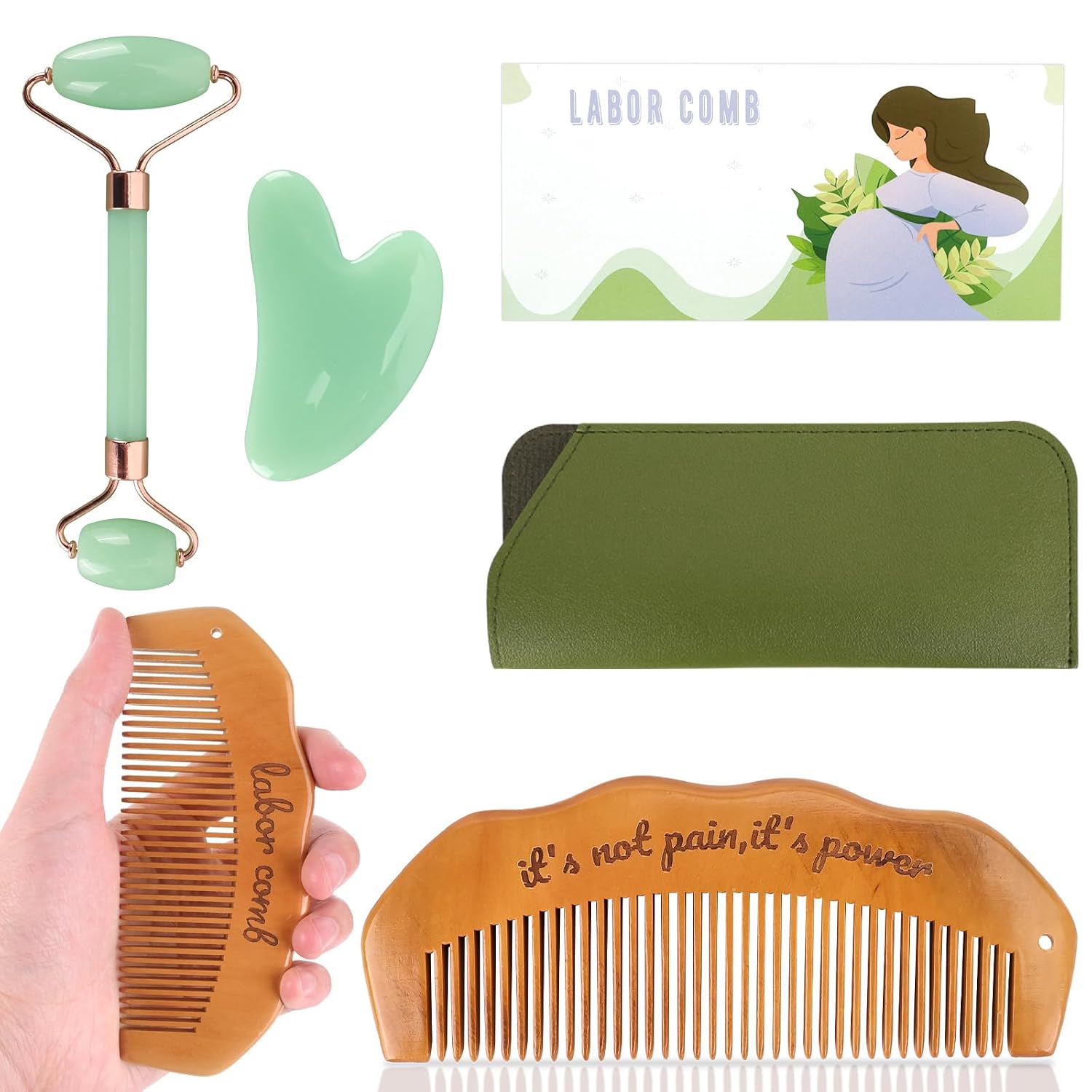 Birthing Comb for Labor Pain and Gua Sha Facial Tools, Post Partum/Home Delivery Essentials, Pregnancy/Birth/Hospital Bag Must Haves, Jade Roller Stone Massager,Gifts for Expecting Mom Women (Green)