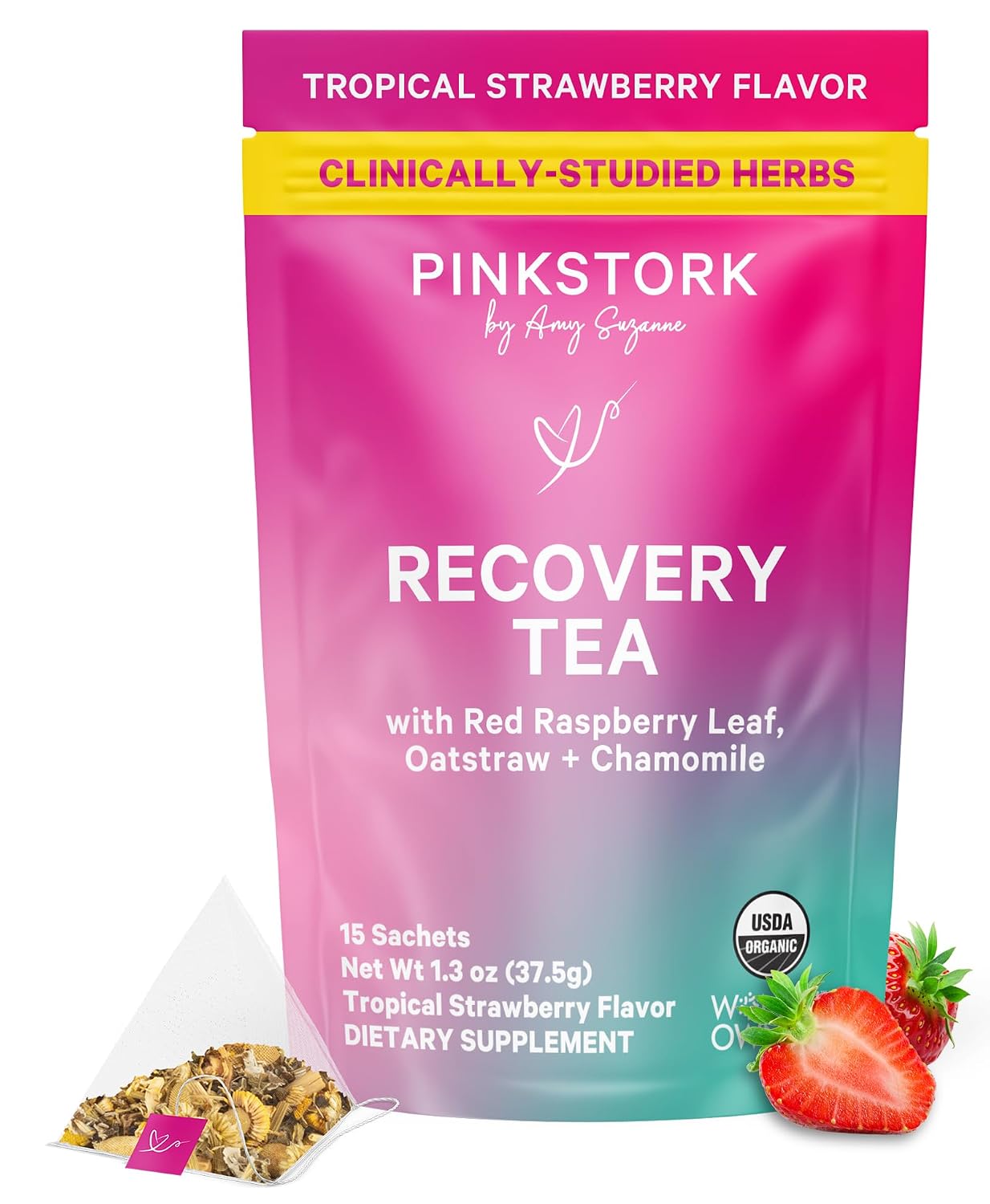 Pink Stork Postpartum Recovery® Herbal Tea, Strawberry, 15 Sachets | Organic Red Raspberry Leaf with Chamomile, Caffeine-Free, Hormone Balance for Women, Postpartum Essentials