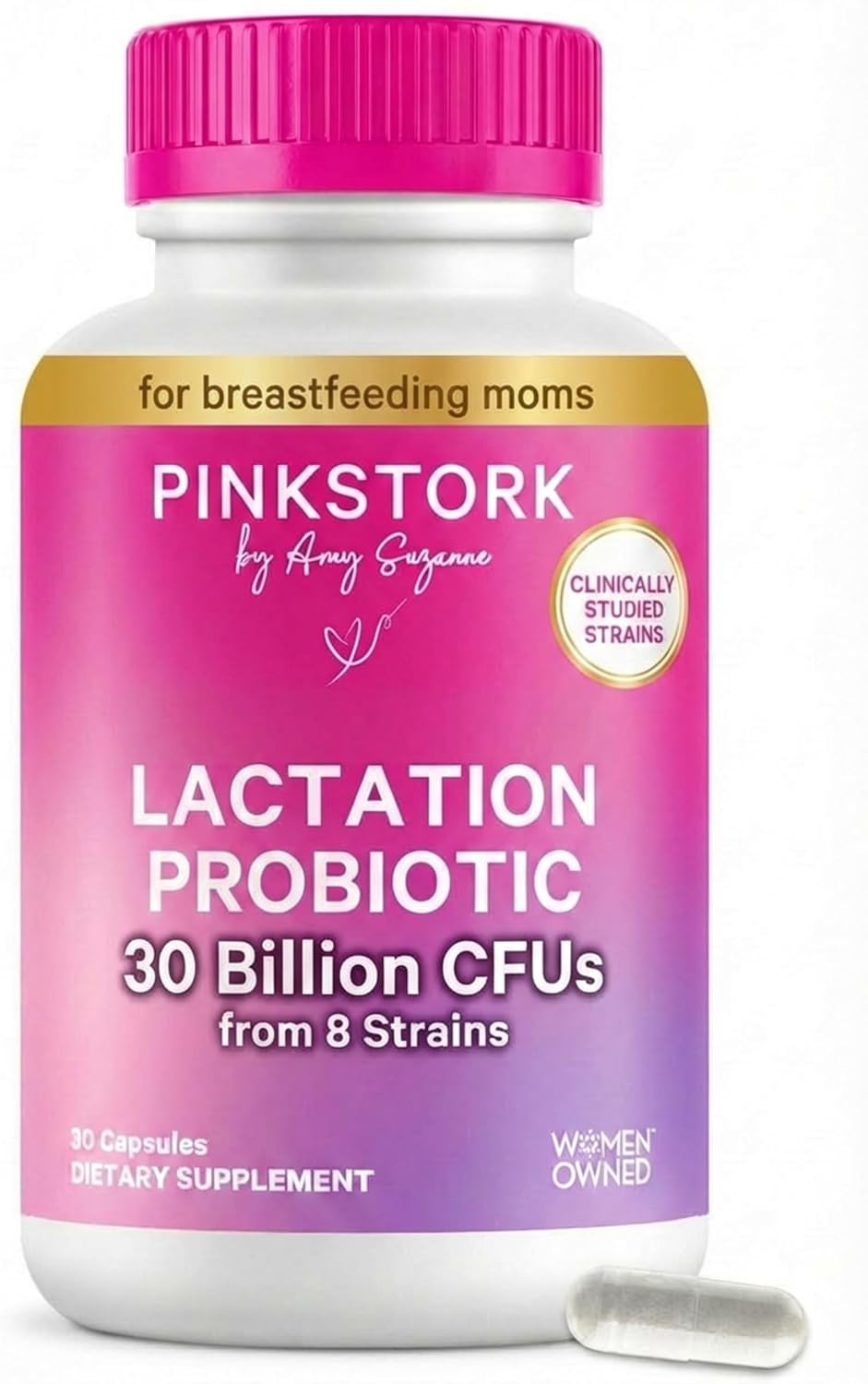 Pink Stork Lactation Probiotic, 30 Billion CFUs, 30 Capsules | Multi Strain Postnatal Probiotics for Breastfeeding Women, Support Breast Milk & Gut Health, Postpartum Essentials