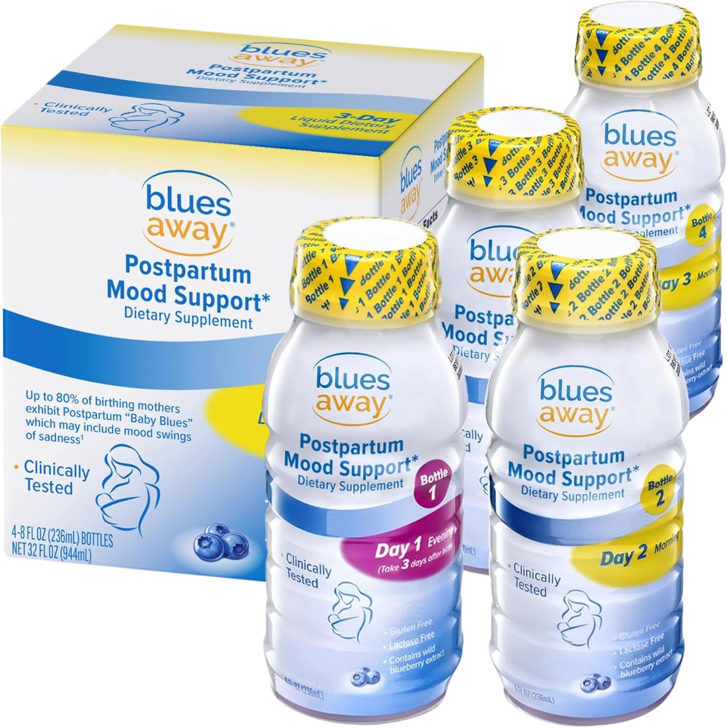 Blues Away Postpartum Mood Support Drink – Breastfeeding Friendly Postnatal Hormone Balance for Women – 3-Day Liquid Dietary Stress Support Shake [4 Bottles]