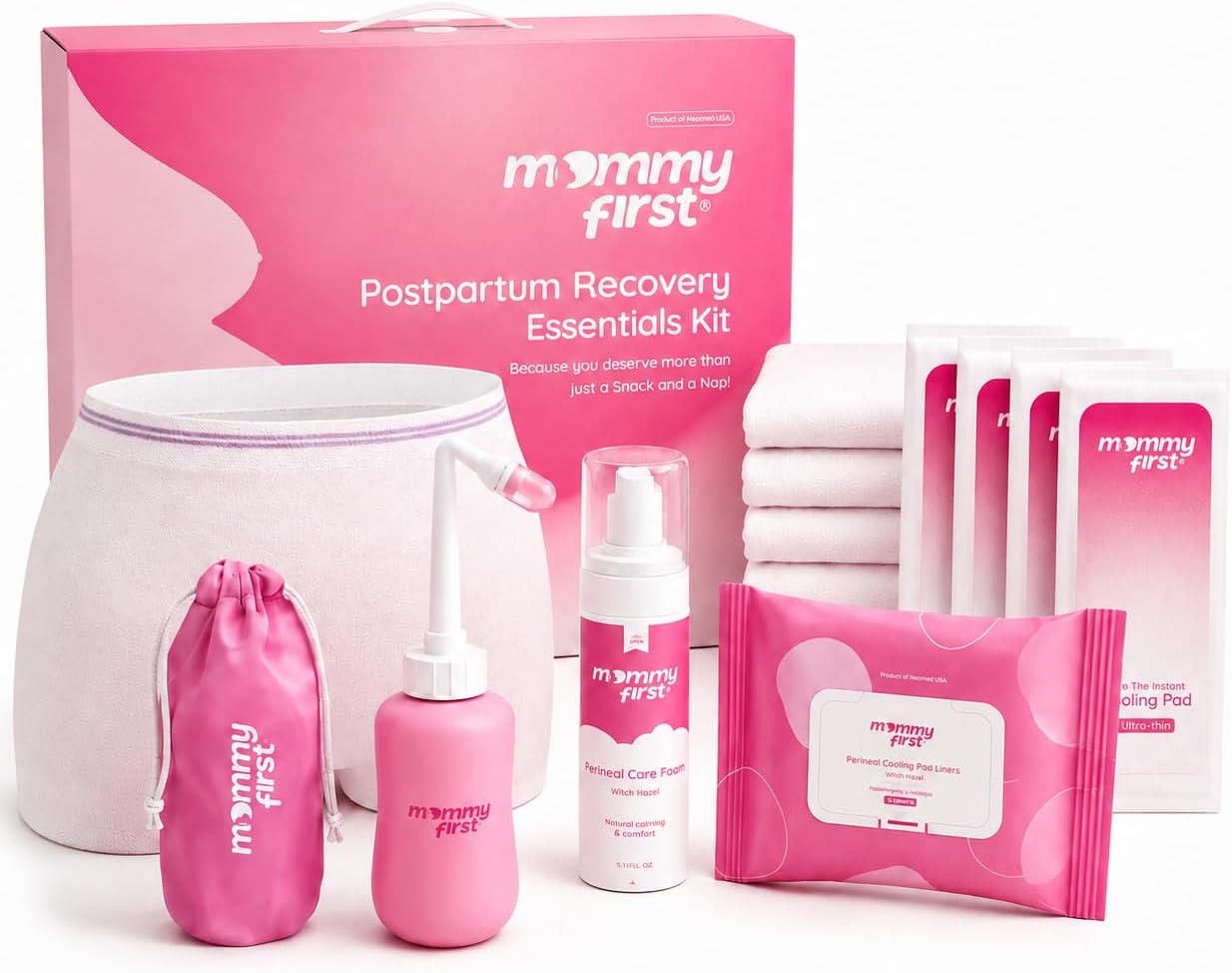 Mommy First® Postpartum Essentials Recovery Kit – Next-Gen Perineal Ice Packs, Alcohol-Free Witch Hazel Healing Foam and Liners, Upside Down Peri Bottle & Postpartum Underwear for Postpartum Recovery