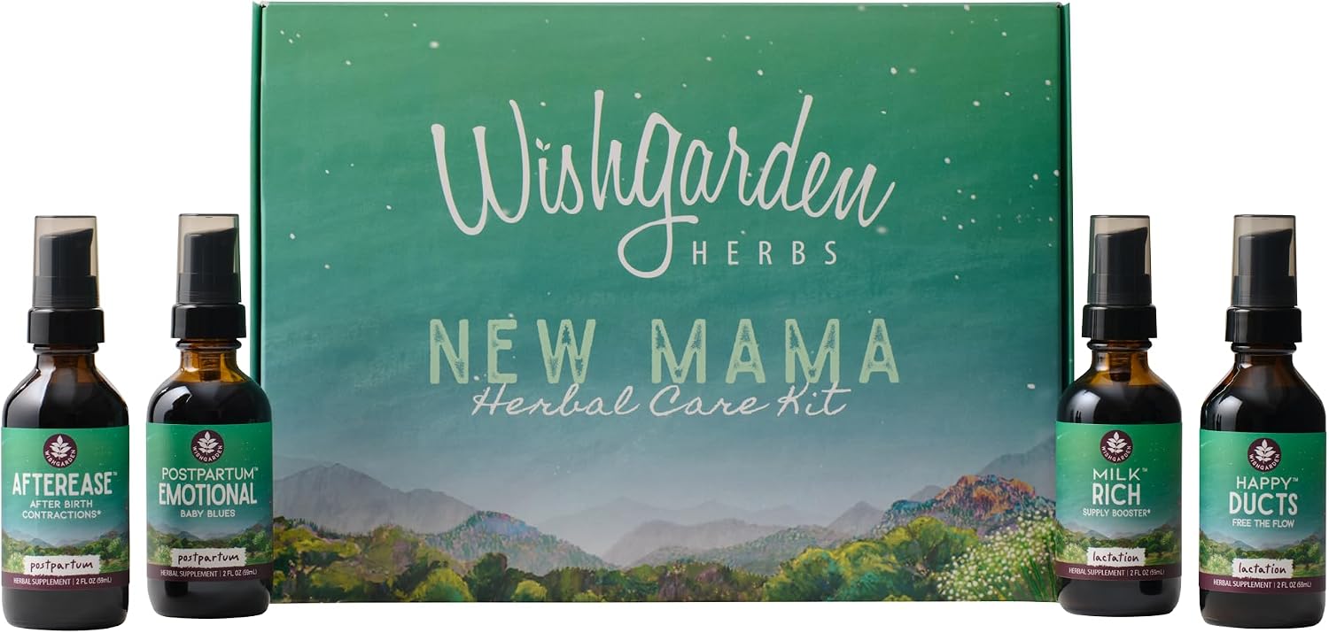 WishGarden Herbs Postpartum Essentials Kit, 4-Bottle New Mom Gift Set | AfterEase, Baby Blues, Milk Rich & Happy Ducts Tinctures, Breastfeeding Safe, Non-GMO, Gluten-Free