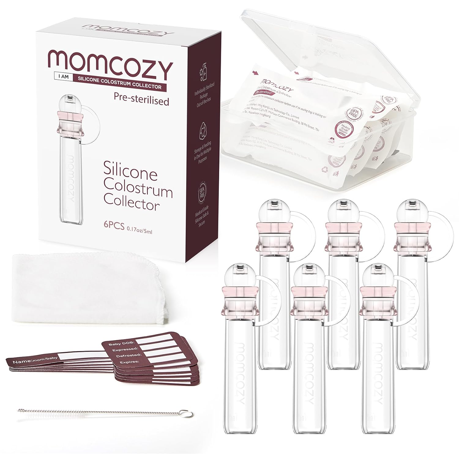 Momcozy Colostrum Collector with Cotton Cloth Wipe Storage Case 5ml-6pcs | Ready-to-use Portable Breast Milk Container Kit, Food-grade Silicone, BPA-Free, Alternative to Disposable Syringes ,Multi-Use