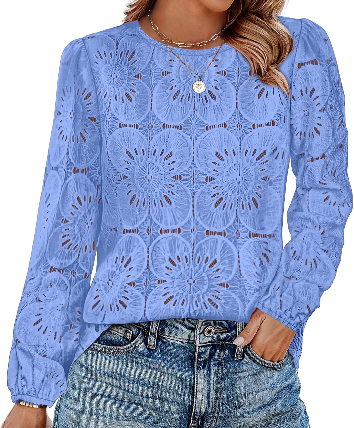 OFEEFAN Blouses for Women Dressy Casual Spring Tops 2026 Summer Outfits Flower Lace Crochet Long Sleeve Shirts